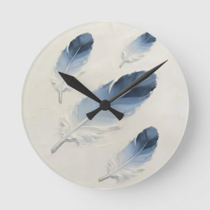 Moderne 3D Blauwe Veer Impasto Acryl Minimalistis Ronde Klok