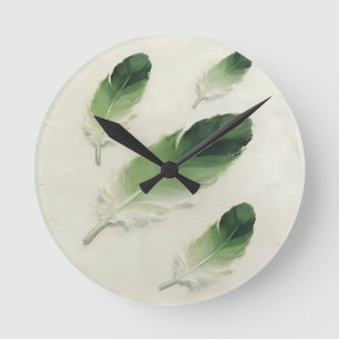 Moderne 3D groene veer Impasto Acryl Minimalistisc Ronde Klok