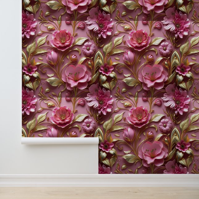 Moderne 3D Roze Bloem Goud Blad Peel en Stick Behang (Applicatie)