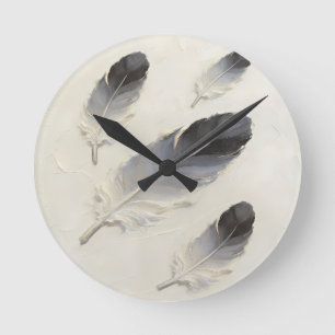 Moderne 3D Zwarte en Grijze Veer Olie Kunst Acryl Ronde Klok