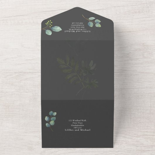 Moderne 3in1 groene eucalyptus bruiloft RSVP All In One Uitnodiging (Buitenkant)