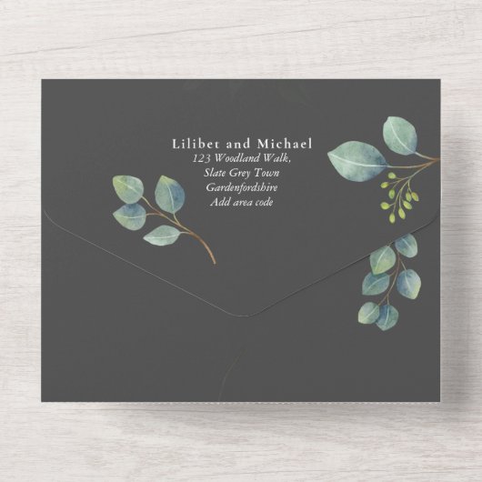 Moderne 3in1 groene eucalyptus bruiloft RSVP All In One Uitnodiging (Achterkant)