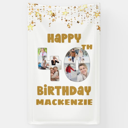 Moderne 40e Verjaardag 7 Fotocollage Nummers Goud Spandoek (Verticaal)