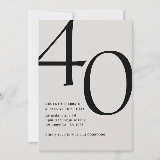 Moderne 40e verjaardag, eenvoudig stijlvol elegant kaart (Voorkant)