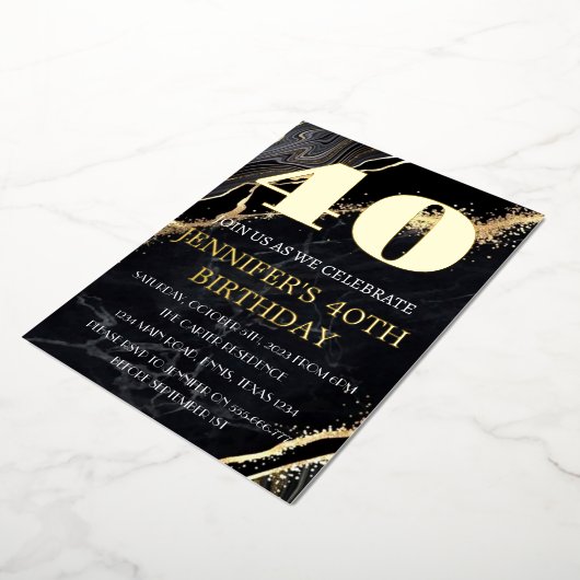 Moderne 40e verjaardag Zwarte Gold Foil QR-code Folie Uitnodiging (Gedraaid)