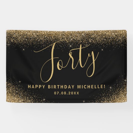 Moderne 40e verjaardagsfeestje Zwart Goud Glitter Spandoek (Horizontaal)