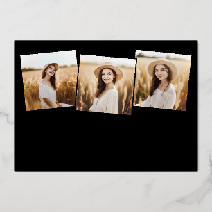 Moderne 4 foto-Afstuderen Collage Black en Gold Folie Uitnodiging