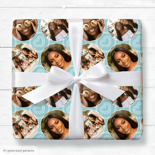 Moderne 4 Foto Collage Cirkel Hart Patroon Blauw Cadeaupapier