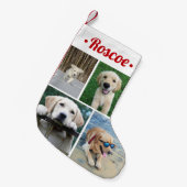 Moderne 4 Foto Collage Cute Red Script Naam Kleine Kerstsok (Voorkant (Hangend))