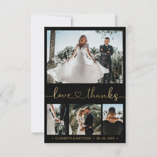 Moderne 4 foto Gold Heart Script Wedding Dank u Bedankkaart (Voorkant)