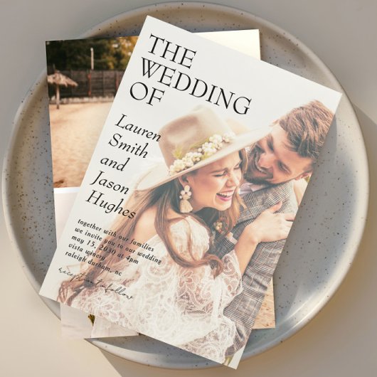 Moderne 4 Foto Zwart & Wit Boho Huwelijk Kaart