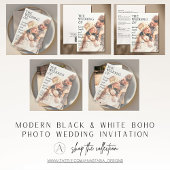 Moderne 4 Foto Zwart & Wit Boho Huwelijk Kaart