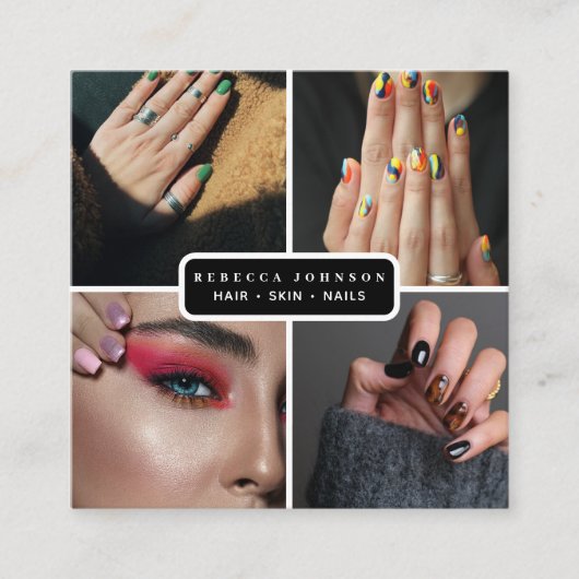 Moderne 4 Fotohaarhuid Nail Salon QR Code Vierkante Visitekaartje (Voorkant)