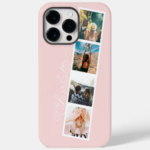 Moderne 4 foto's raster collage naam op blush roze iPhone 14 pro max hoesje