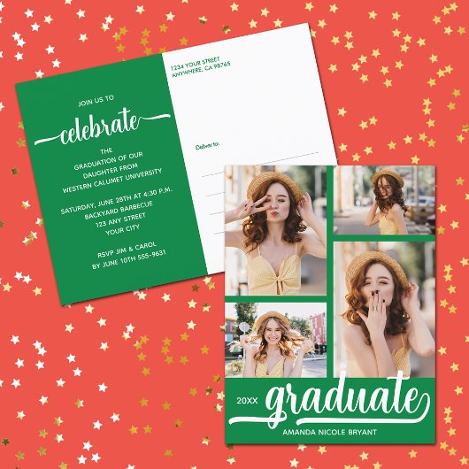 Moderne 4 Photo Collage Vert Graduate Invitation