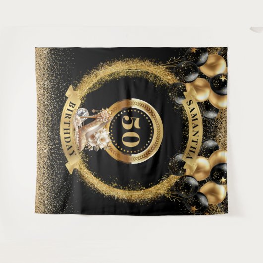 Moderne 50e Verjaardag Banner Blush Zwart Gouden H Wandkleed (Voorkant (horizontaal))