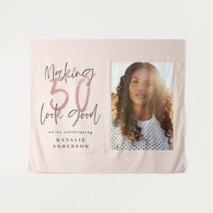 Moderne 50e verjaardag chic typografie roze goud wandkleed