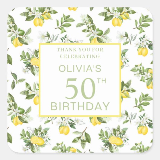 Moderne 50e verjaardag Lemon Citrus Botanical Vierkante Sticker (Voorkant)
