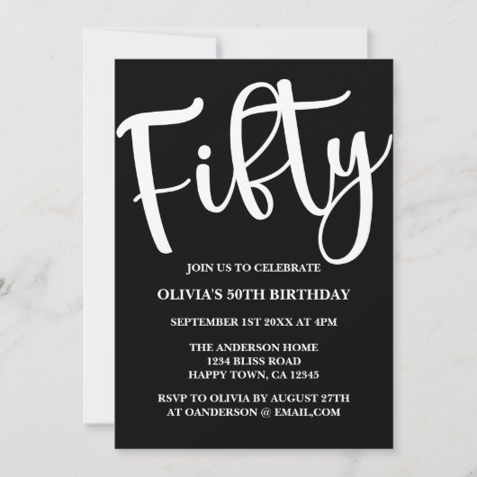 Moderne 50e verjaardag Zwart-wit Uitnodiging (Voorkant)