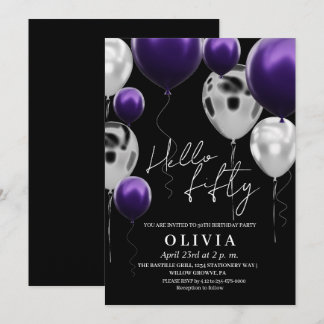 Moderne 50e verjaardag Zwart Zilver Paarse Ballonn Kaart