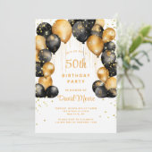 Moderne 50e verjaardagsfeest zwarte gouden ballonn kaart (Staand voorkant)