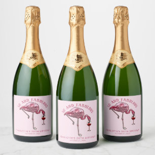 Moderne 50ste verjaardagsfeest Roze Flamingo Sparkling Wijnetiket