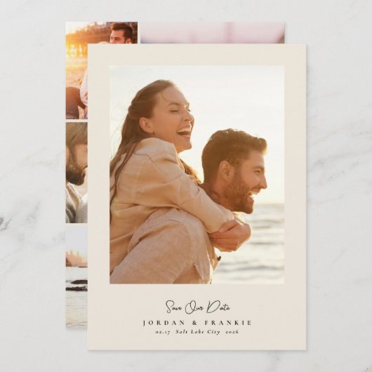 Moderne 5 foto collage script kalligrafie bruiloft save the date (Voorkant / Achterkant)