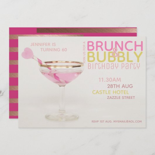 Moderne 60e BRUNCH BRUISEND Uitnodiging ROZE GOUD (Voorkant / Achterkant)