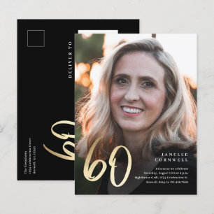 Moderne 60e verjaardag Foto zwart & Gold Script Uitnodiging Briefkaart