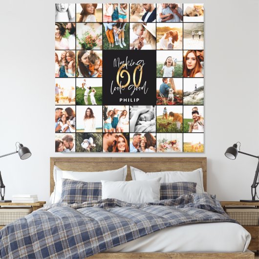 Moderne 60e verjaardag multi-foto scriptgift canvas afdruk (Insitu (Slaapkamer))