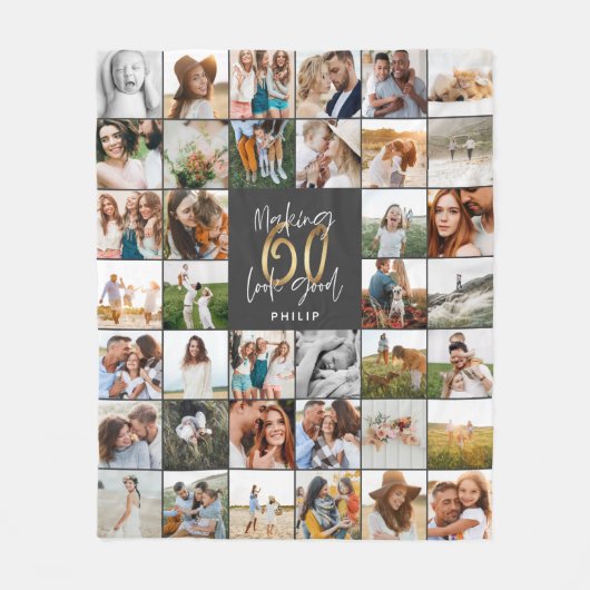 Moderne 60e verjaardag multi-foto scriptgift fleece deken (Voorkant)