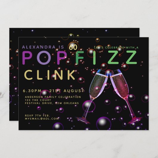 Moderne 60e verjaardag - POP FIZZ CLINK Champagne Kaart (Voorkant / Achterkant)