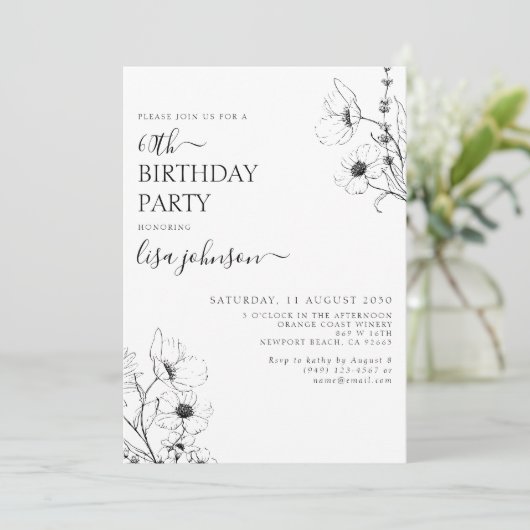 Moderne 60e verjaardag Script Zwart Wit Bloemen Kaart (Staand voorkant)