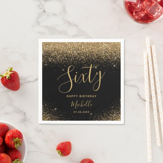 Moderne 60e verjaardag Zwart Goud Glitter Naam Servet (Insitu)