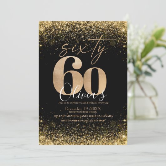 Moderne 60ste verjaardagsfeest Zwart Goud Glitter Kaart (Staand voorkant)