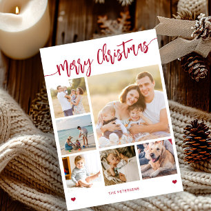 Moderne 6 foto collage Prettig kerstfeest rood wit Feestdagenkaart