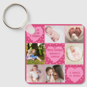 Moderne 6 foto roze geboorteaankondiging voor baby sleutelhanger