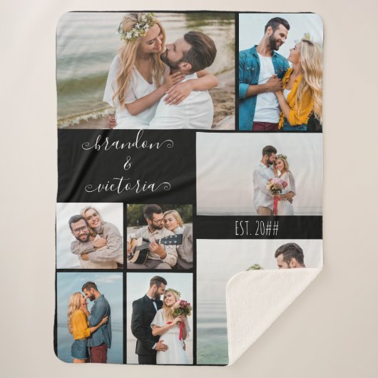Moderne 8 foto-collage Elegant Script Custom Black Sherpa Deken (Voorkant)