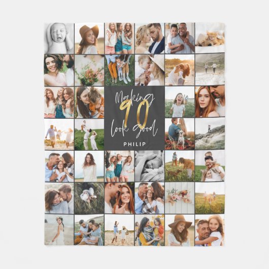 Moderne 90e verjaardag multi-foto scriptgift fleece deken (Voorkant)