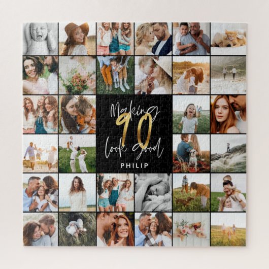 Moderne 90e verjaardag multi-foto scriptgift legpuzzel (Verticaal)