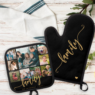 Moderne 9 foto collage familie goud schrift zwart ovenwant & pannenlap set