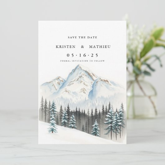 Moderne aangepaste berg save the date (Staand voorkant)