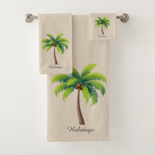 Moderne aangepaste groene palmboom en script op be bad handdoek (Insitu)