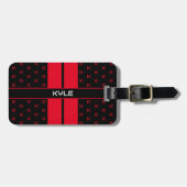Moderne aangepaste monogram naam rood gestreept bagagelabel (Voorkant horizontaal)