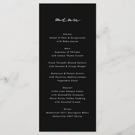 Moderne aangepaste namen Tuxedo Onyx Weddenschappe Menu (Voorkant)