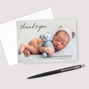 Moderne aangepaste pasgeboren babyfoto hartscript bedankkaart