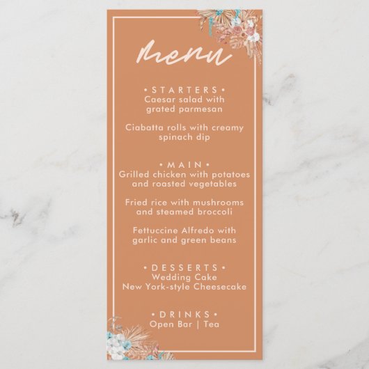 Moderne Aarde Boho Bloemen Bruiloft Menu (Voorkant)