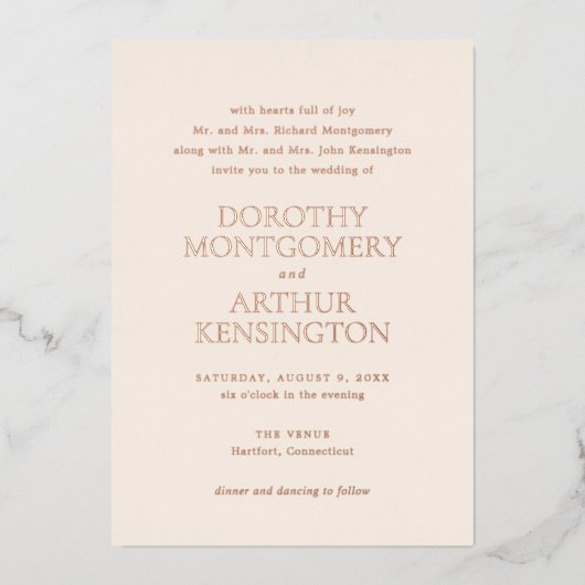 Moderne Aardse Neutrale Elegante Huwelijk Folie Uitnodiging (Voorkant)