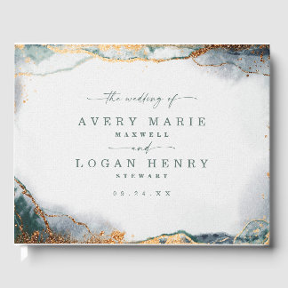 Moderne Abstracte Aquarel Groen & Goud Bruiloft Gastenboek