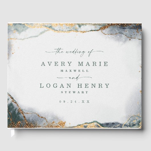 Moderne Abstracte Aquarel Groen & Goud Bruiloft Gastenboek (Voorkant)